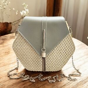Boho Hexagon Straw Faux Leather Metal Chain Tassel Small Crossbody Shoulder Bag